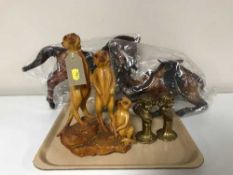 Three trays containing a quantity of oriental figures, Samurai, horsemen,