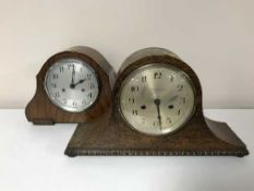 A mahogany cased eight day mantel clock with silvered dial and an oak cased example