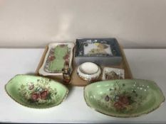 A tray of Maling Rosalind dishes, Maling Rosine plate, similar bowl, Goebel figure,