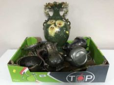 Two boxes of silver plated ware, early 20th century transfer printed vase,