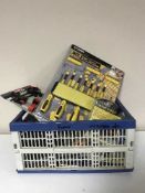 Two boxes of work man's tools, screw driver set, laser edge, hand tools,