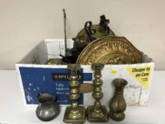 Five boxes of pewter, brass ware, replica pistol, pair of silver plated candlesticks,