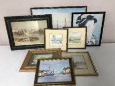 An oil on board of fishing boats signed J.