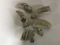 A carved netsuke and six scrimshaw type carvings