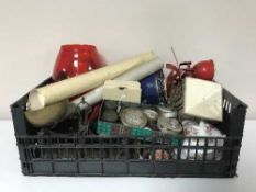 Two boxes containing brass balance scales with weights, assorted pottery and glassware,