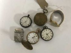 Two silver pocket watches, gold plated pocket watch, vesta case,