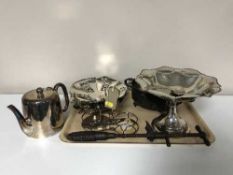 A tray of plated swing handled tray, similar basket, coffee pot, plated cruet stand,