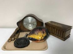 A mahogany cased Smiths mantel clock, an inlaid jewellery casket, carving set,