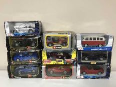 Ten die cast sports cars and other vehicles by Burago and Maisto