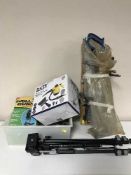 A box containing drill guide, hand tools, steam cleaner,