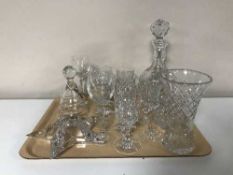 A tray of lead crystal candle holder, bell, decanter and stopper,