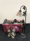 A box containing a large quantity of continental pottery steins, pewter tankards, gallery tray,