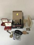 A tray of miscellaneous costume jewellery, gold plated pocket watch,