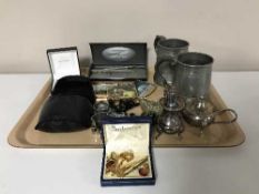 A tray of Pentax binoculars, Dunhill cuff links, Parker pens in box,