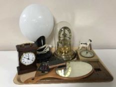 A tray of anniversary clock under dome, cast metal figure of a dog, continental barometer,