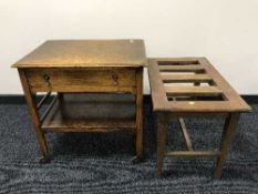 An oak occasional table fitted a drawer and a small oak bench