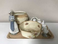 A tray of Aynsley mantel clock, Aynsley Little Sweetheart and Wild Tudor china, Nao goose, Nao girl,
