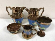 Two antique blue and white meat plates and five pieces of copper lustre china