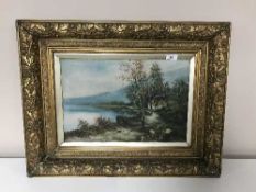 Early 20th century school, a cottage by a lake, oil on canvas signed A.