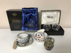 A tray containing Doulton Lambeth ware small jug, boxed pair of Waterford crystal glasses,