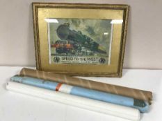 A gilt framed railway lithographic print entitled Speed to the West, Cornwall, Devon, Somerset,
