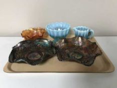 Five pieces of carnival glass
