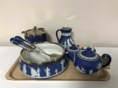 A tray of Wedgwood jasper ware - four piece tea set (a/f), salad bowl with plated rim,