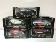 Five Burago models - classical racing cars etc