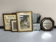 An octagonal oak framed mirror, un-framed mirror,