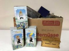 Two boxes of vintage Hoggett's potato crisps tin box, other vintage tins, Romano collection figures,