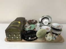 A tray containing carnival glass bowl, copper and brass trinket box,