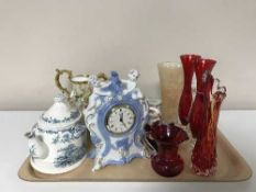 A tray of Masons teapot, china table clock, ruby glass vases, Hammersley china, mug, milk jug,