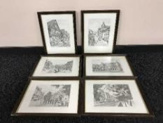 Set of six framed monochrome framed prints of continental street scenes