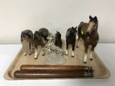 Five Cooper craft pottery figures of horses, glass figure of a horse,