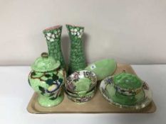 Ten pieces of Maling lustre china in green colour way including pair of vases