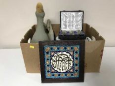 A box of two boxed sets of plated goblets, ornaments,