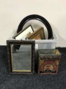 A box containing early 20th century mahogany framed oval mirror, carved oak framed mirror,