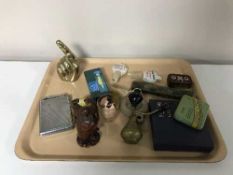 A tray containing vintage straight razor, Oxo tin, Monopol Calibri combined cigarette case/lighter,