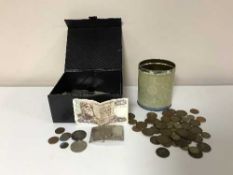 A box of Victorian and later coins and banknotes including a Victorian crown 1889,
