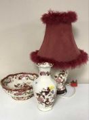 A Masons red Mandolay vase with matching bowl and table lamp