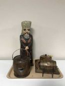 A tray of oak lidded tea caddy, miniature copper beer keg, biscuit barrel,