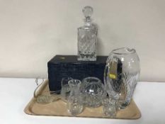 A tray of Bohemia crystal, swan ornament, lead crystal jug,