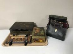 Two pairs of cased binoculars, Oriental lacquered jewellery box,