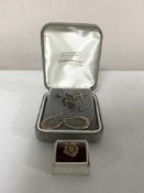 An Edwardian 9ct gold amethyst and seed pearl brooch, pair of 9ct gold earrings,