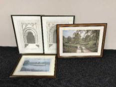 Two framed 19th century architectural prints and other framed pictures