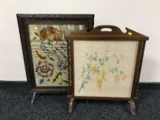 Two early 20th century oak framed tapestry fire screens
