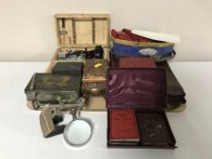A tray of cased microscope, cased bezique set, gent's shaving set in leather pouch,