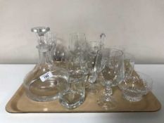 A tray of Dartington crystal decanter, glasses, goblets,