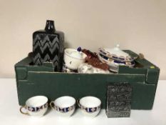 Two boxes containing a large quantity of pressed glass, Ringtons caddy, studio pottery,