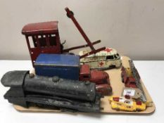 A tray of mid twentieth century tin plate crane and truck, Corgi Yellow submarine,